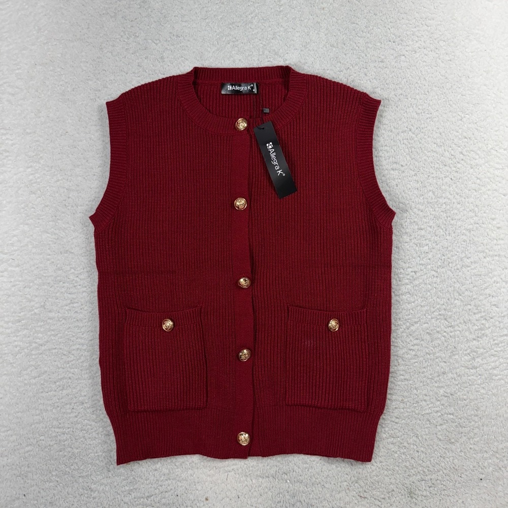 Allegra K Sweater Vest M Women Cotton Capsule Red Minimal Relaxed Old Money Gold